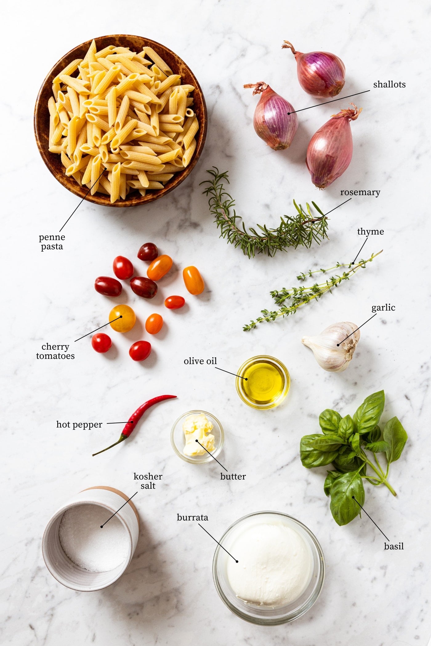 White marble surface filled with ingredients needed to make roasted tomato pasta including penne, shallot, cherry tomatoes, basil, herbs, and more.