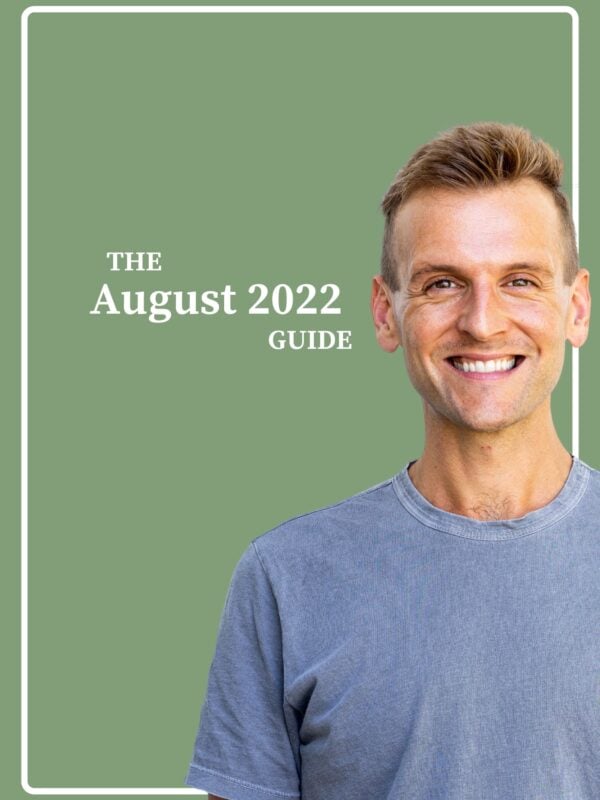 Green background with Kaleb Wyse wearing blue shirt in front of background with the words "The August 2022 Guide" on background.