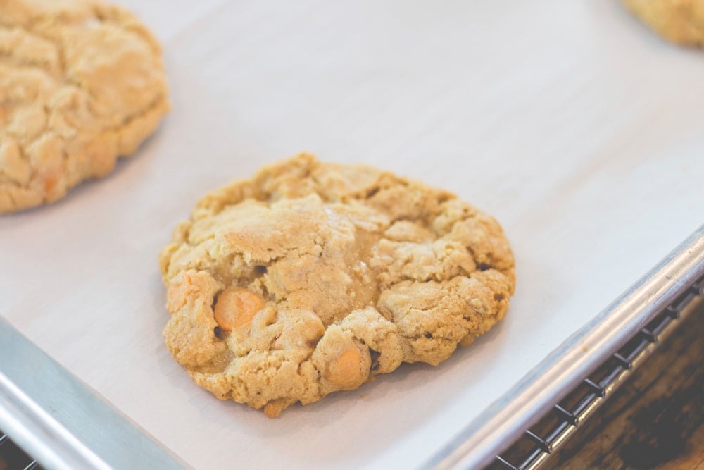 A baked cookie sits on a parchment-lined pan.
