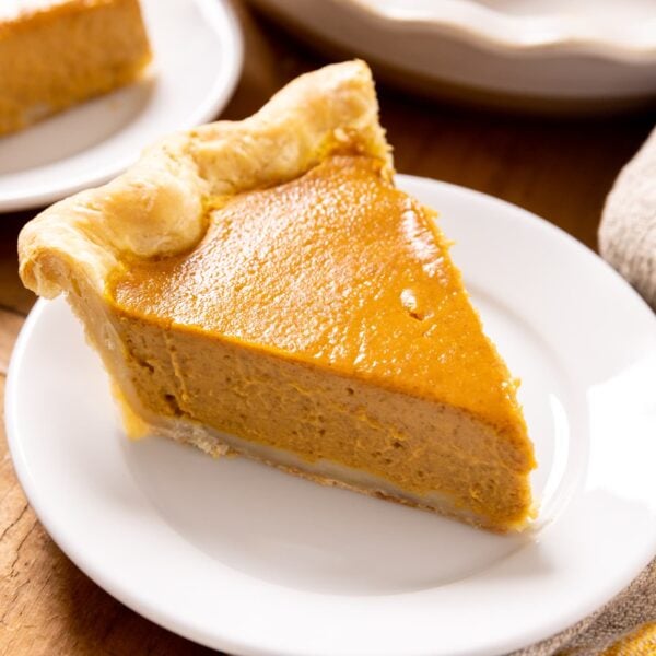 A slice of pumpkin pie sits on a plate.