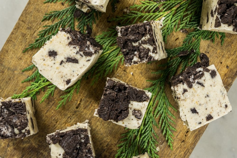 The tops of fudge with crushed cookies.