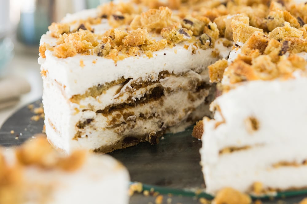 A crosscut section of a cookie cake.