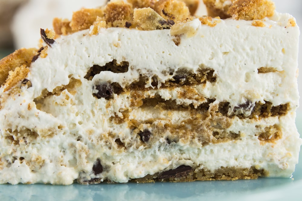 A cross section of a slice of cookie cake.