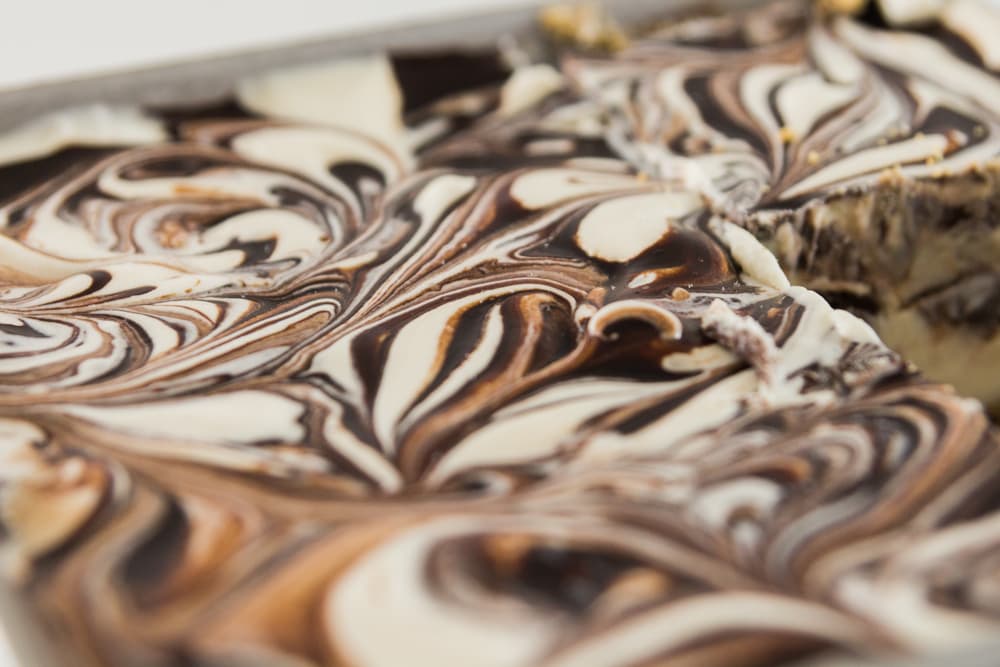 The swirly top of a s'mores cake.