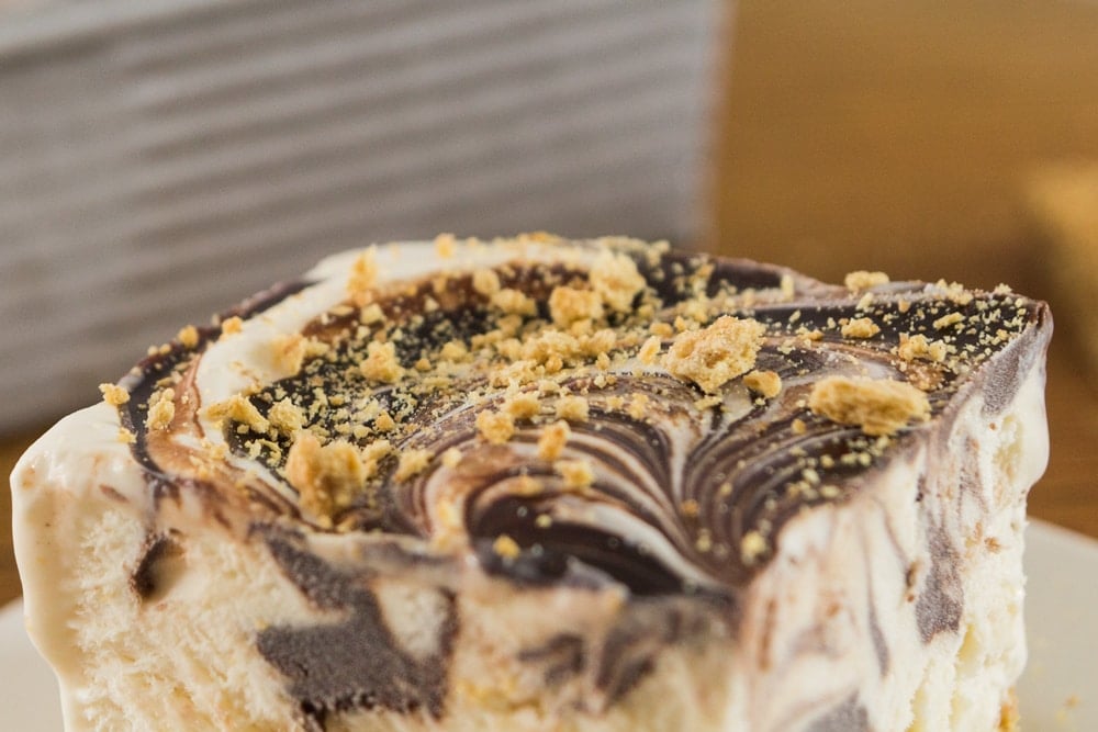 Bits of graham cracker lie sprinkled on top of a slice of cake.