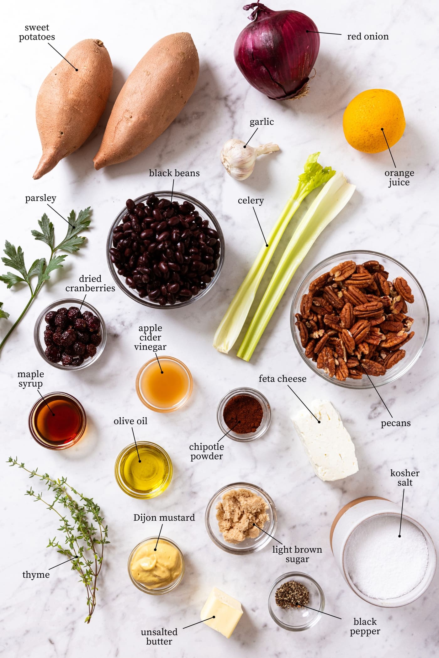 White marble surface filled with all ingredients needed to make roasted sweet potato salad including raw sweet potatoes, celery, onion, cranberries, herbs, spices, and more.