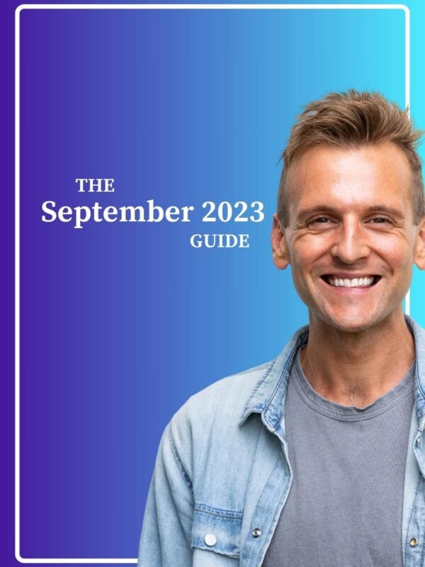 Kaleb Wyse wearing denim shirt standing in front of ombre blue to light blue background with the words The September 2023 Guide.