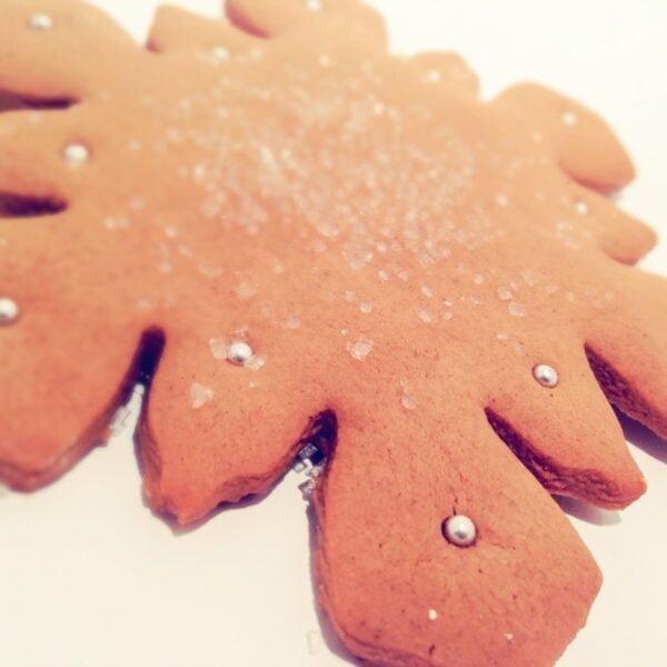 A gingerbread cookie in the shape of a snowflake.