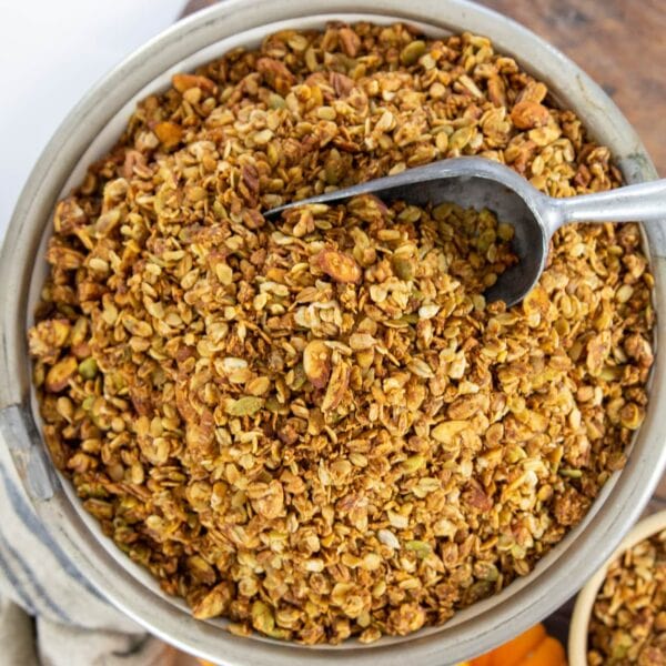 A serving bowl full of granola.