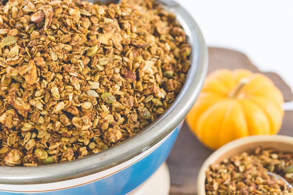 Granola sits in a serving bowl.