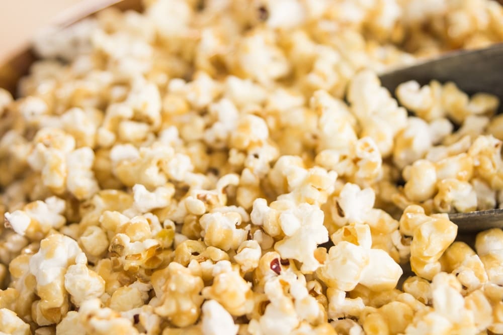 Caramel corn in a bowl.