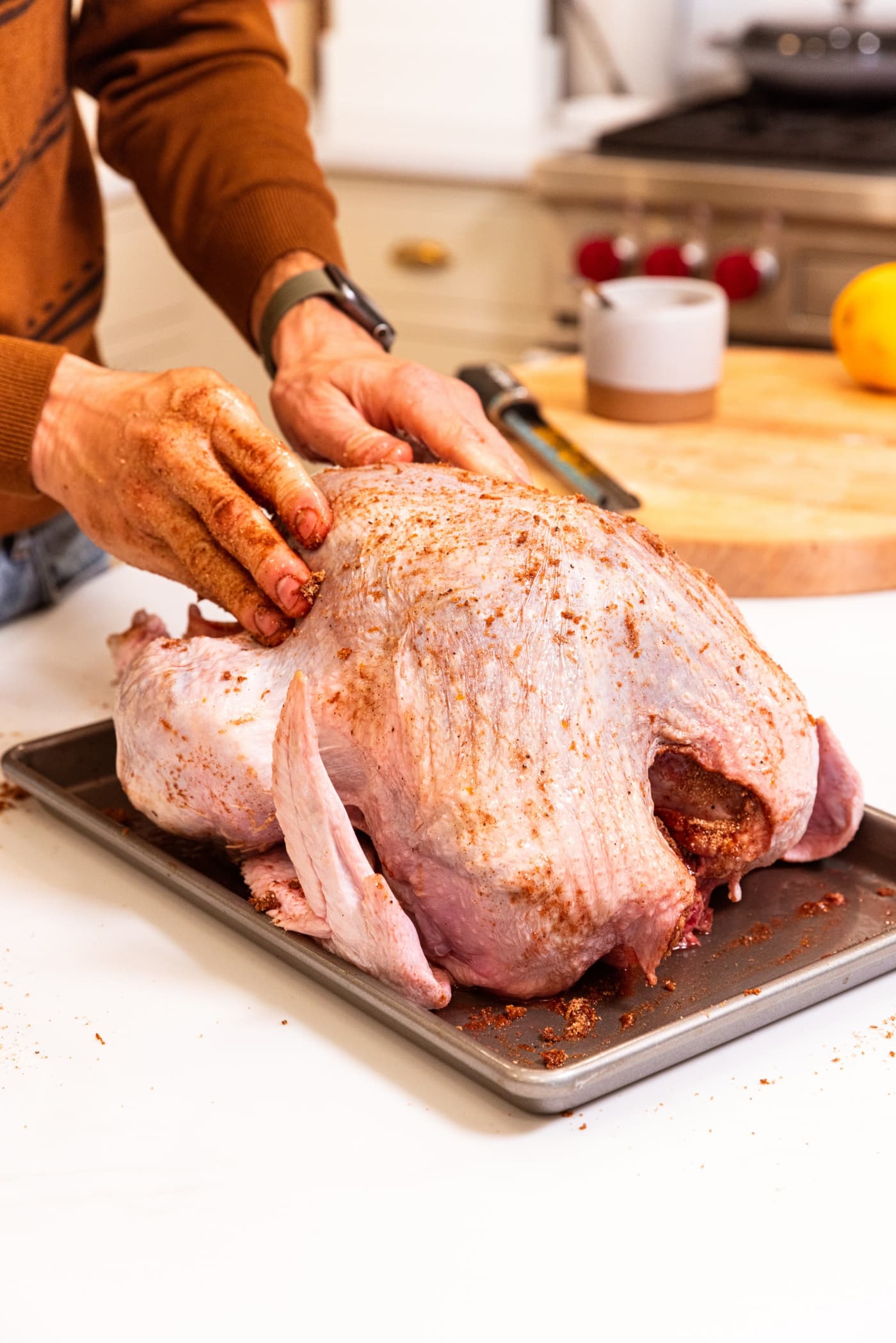 Two hands sprinkling and brushing on a dry brine mixture all over a raw turkey.