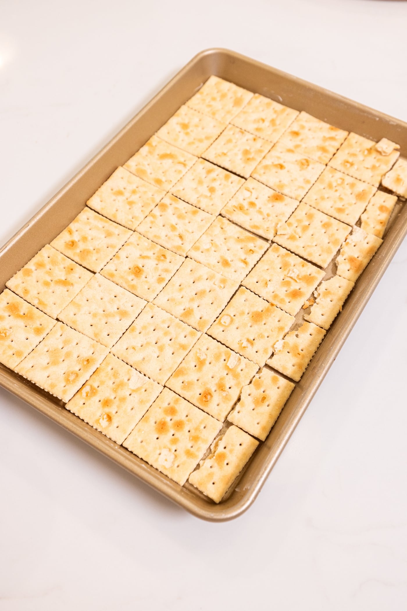 Gold baking pan filled with saltine crackers lined up along the bottom in an even layer.