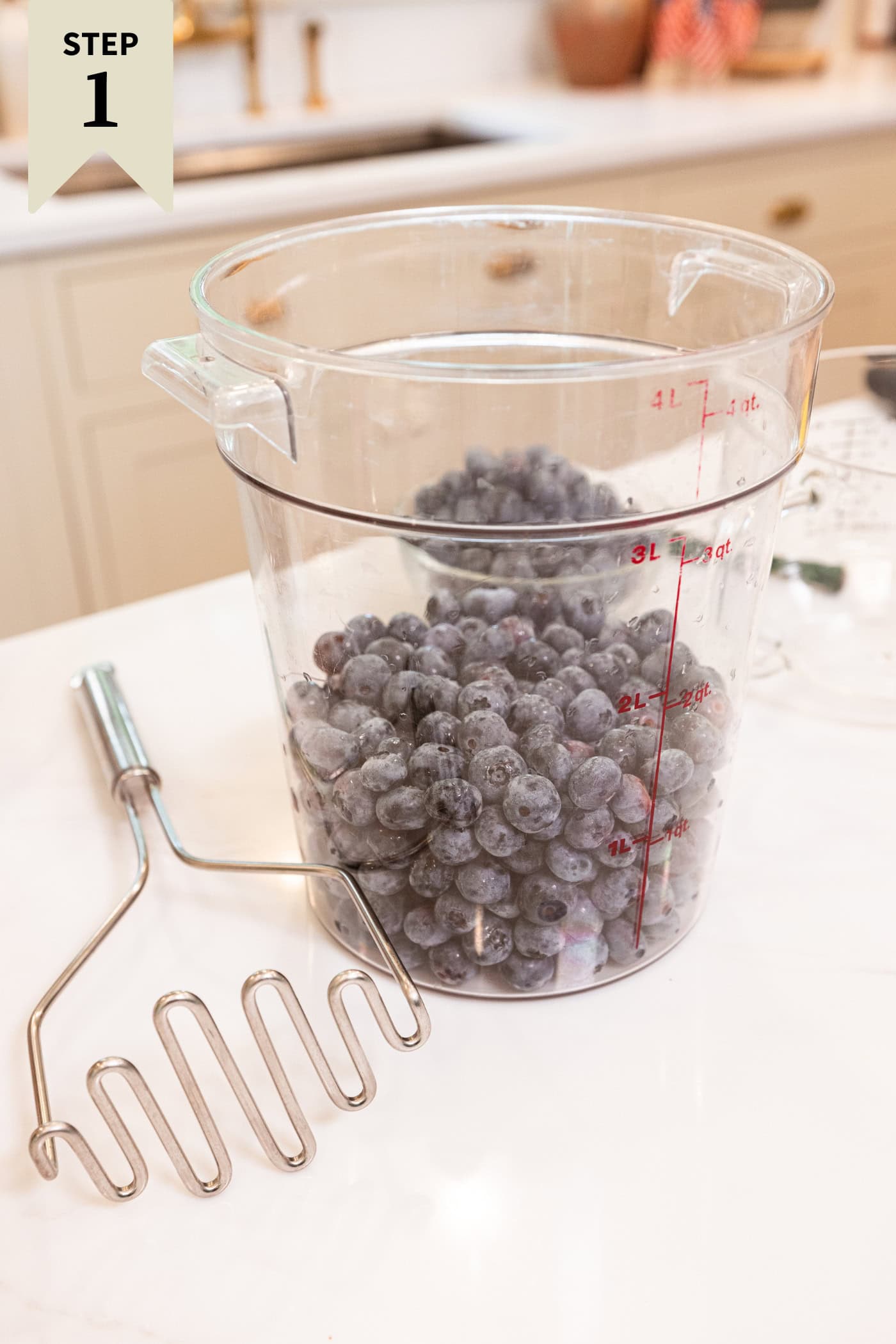 Large plastic container filled with blueberries with masher resting to the side all on white surface.