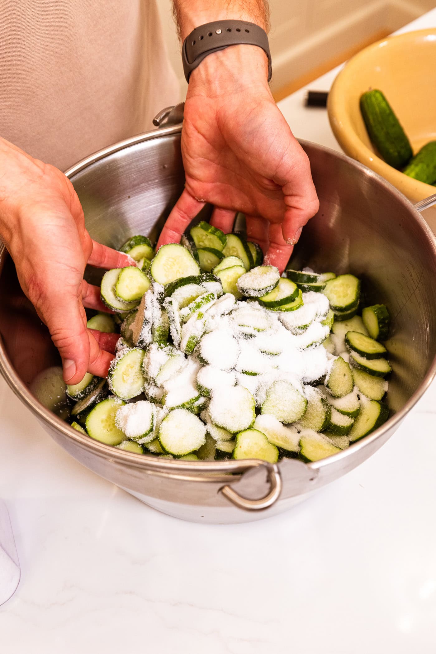 Salt all over the top of slices of cucumber in a large metal kettle.