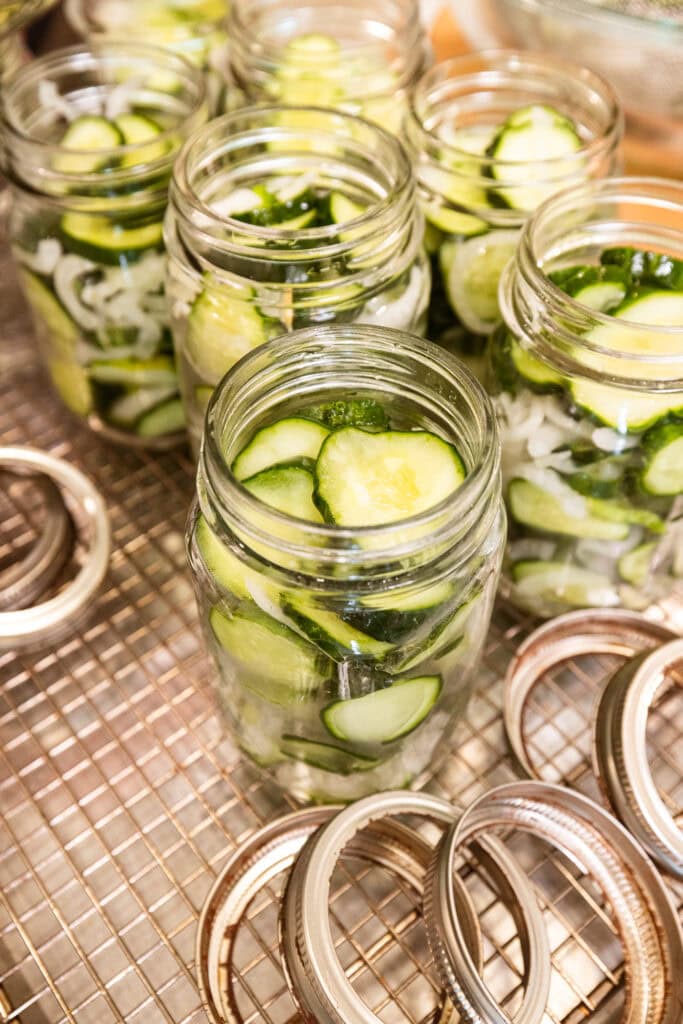 Jars full of sliced cucumbers sit on a rack.