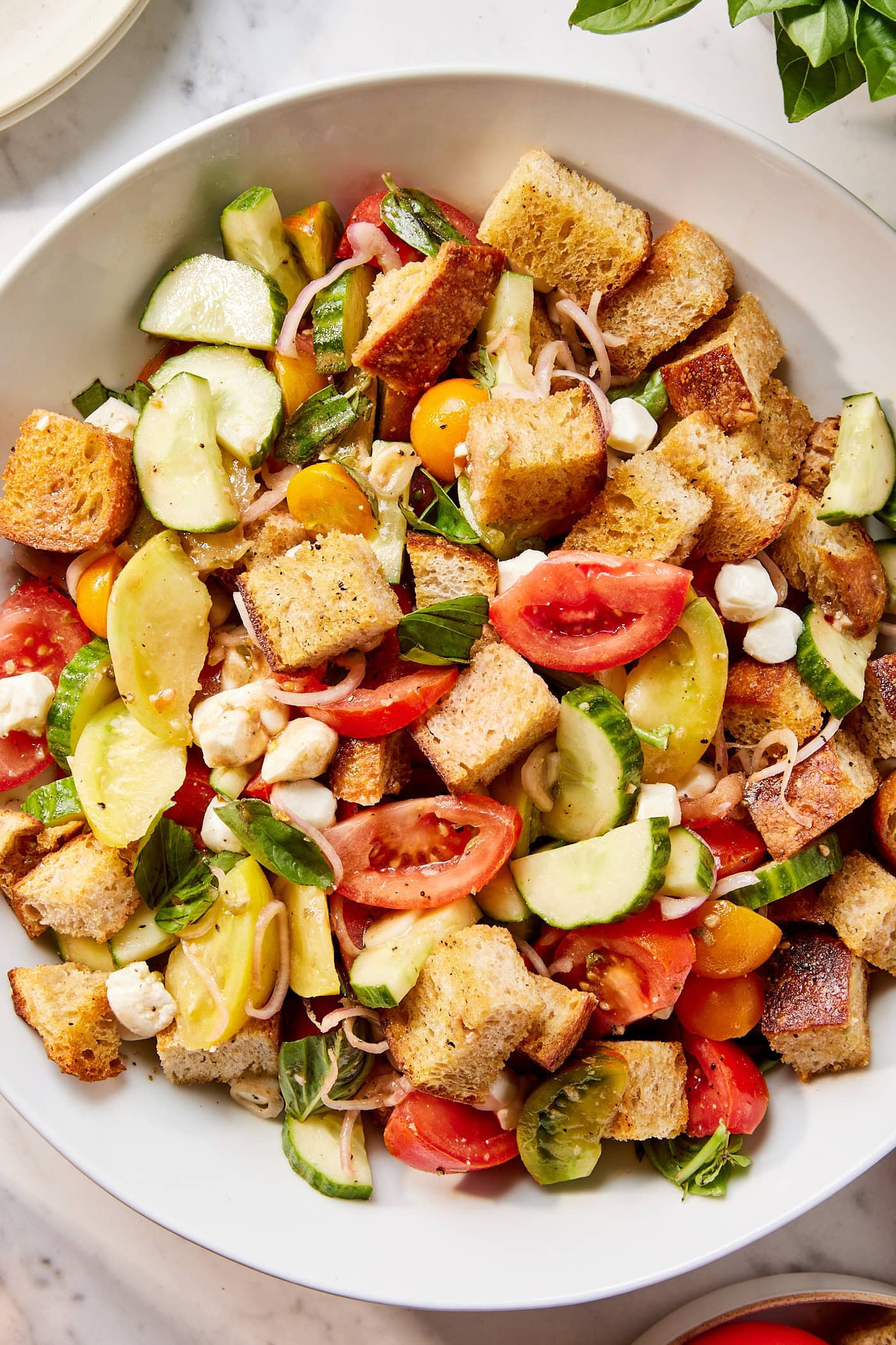 Large white bowl filled with sliced tomatoes, cucumbers, bread cubes, mozzarella cheese, scallions, and dressing all for panzanella.