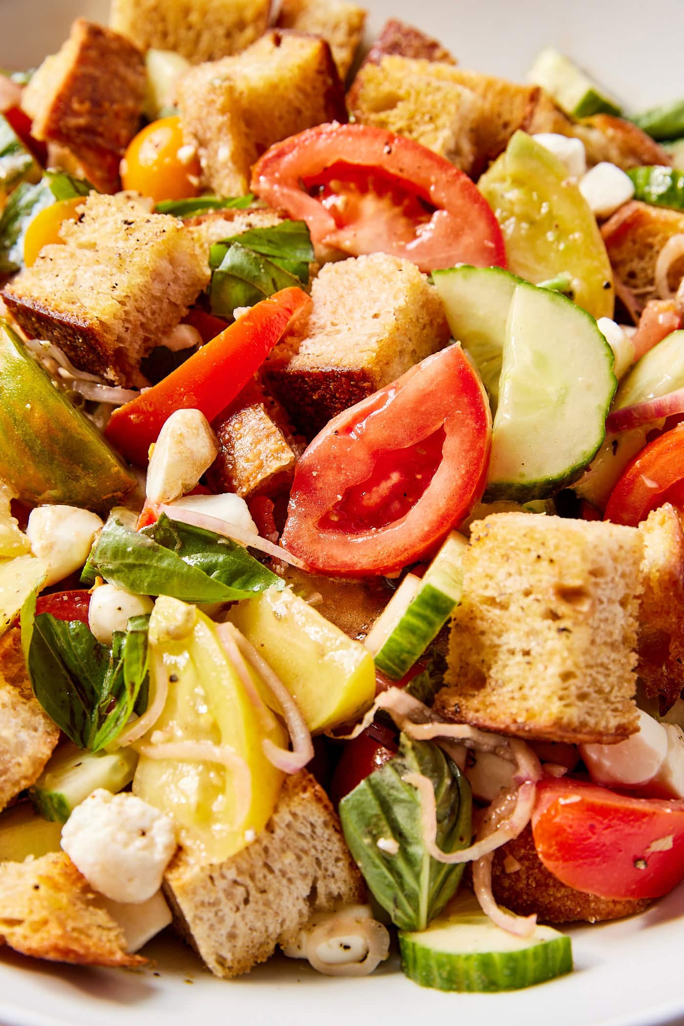 White bowl with lots of pieces of panzanella including tomatoes, bread cubes, cucumbers, scallions, and more.