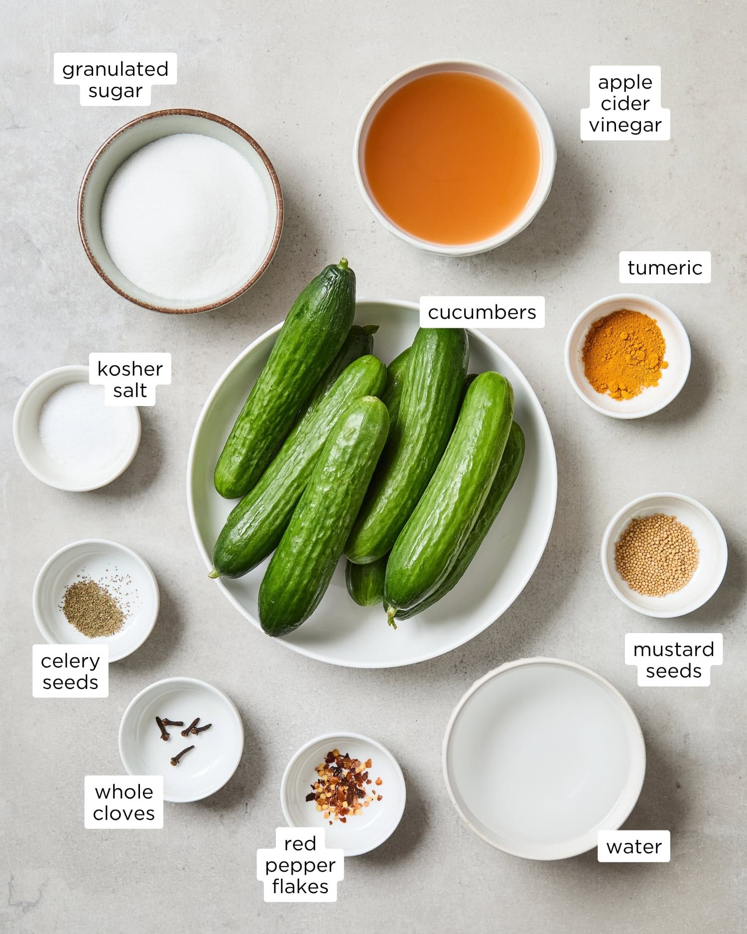 Ingredients for refrigerator bread and butter pickles.