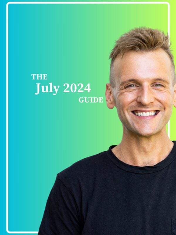 Kaleb Wyse wearing a black shirt standing in front of an ombre blue to green background with the words "The July 2024 Guide".