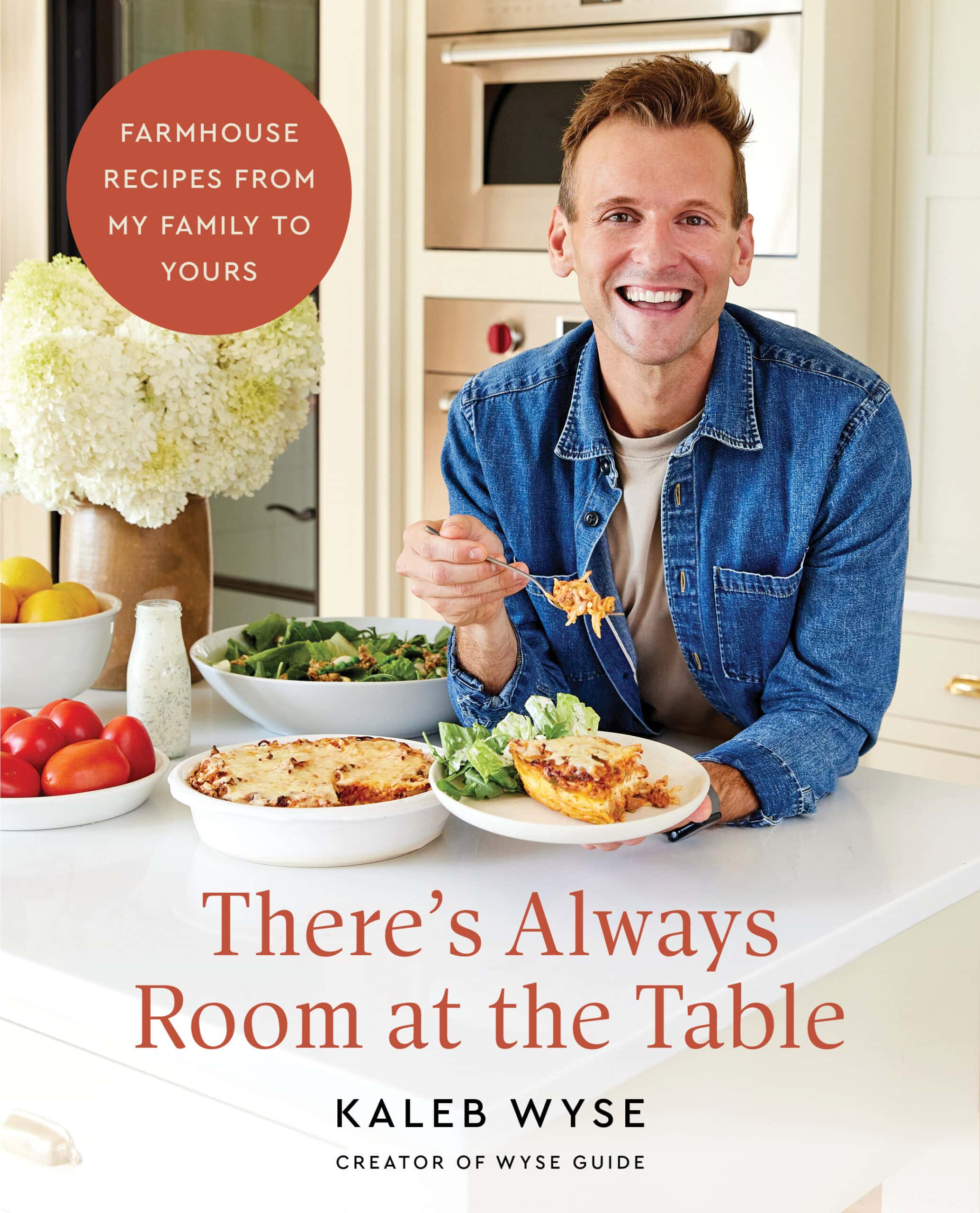 Cookbook cover for "There's Always Room at the Table" cookbook with Kaleb Wyse eating a plate of spaghetti pie.
