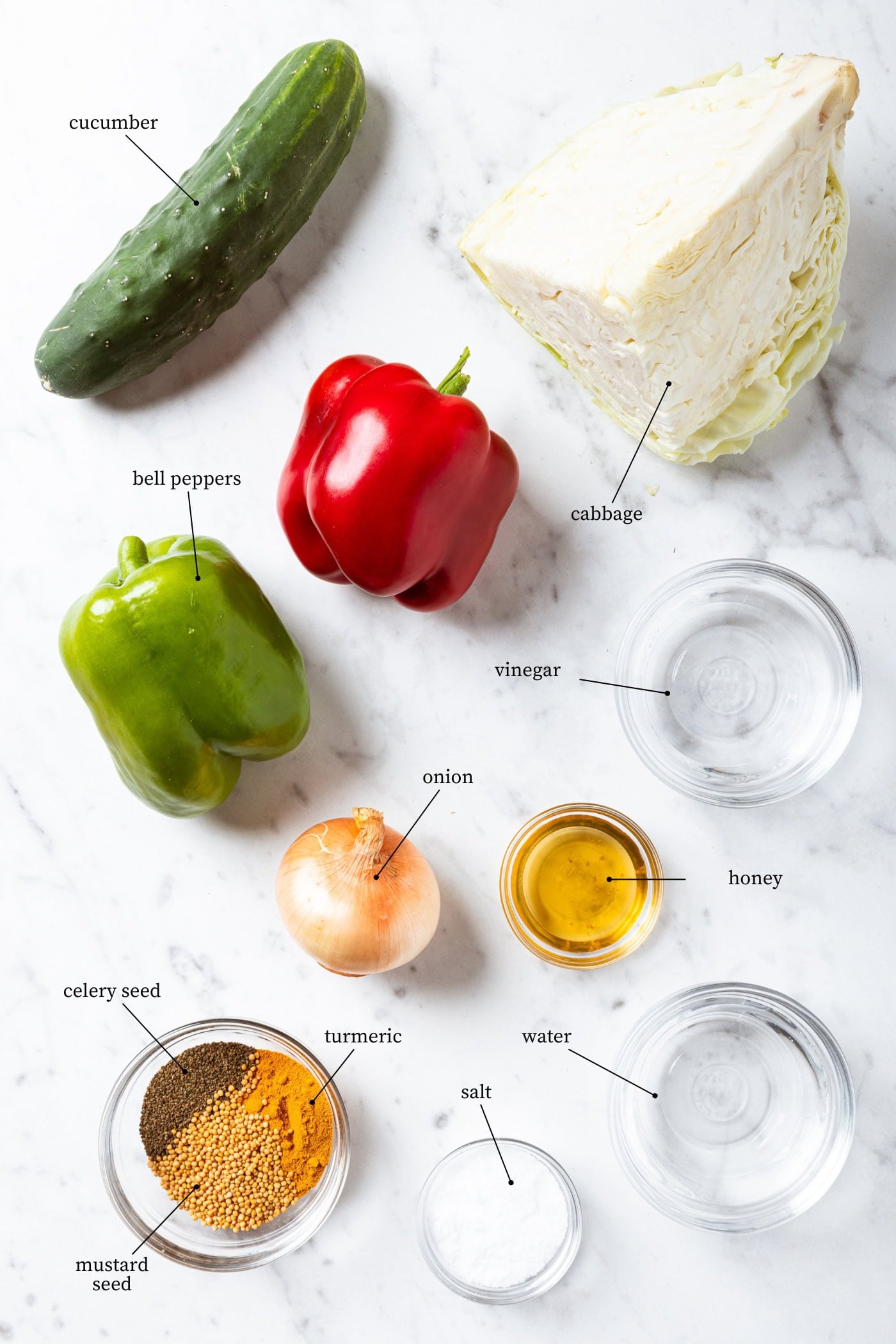 Ingredients needed to make pickle relish sit on a marble surface, including mustard seed, celery seed, turmeric, salt, water, honey, vinegar, bell peppers, onion, cucumber and cabbage.