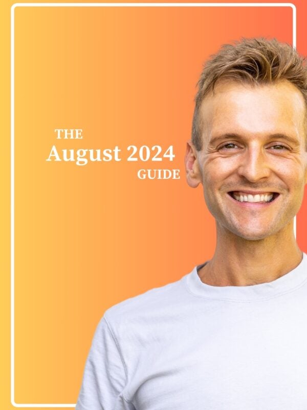 Kaleb Wyse wearing a white shirt standing in front of an orange to yellow background with the words "The August 2024 Guide".