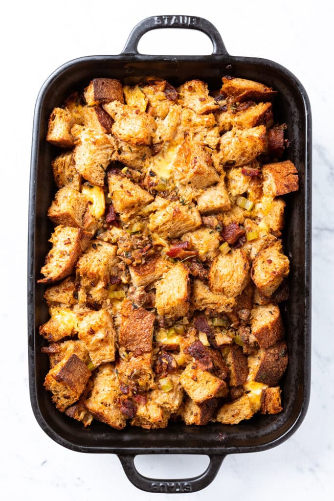 Stuffing in a dish after baking.