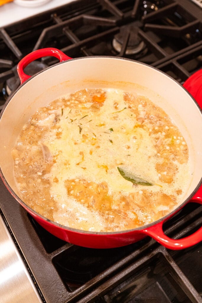 Turkey soup simmers over heat on a stove.