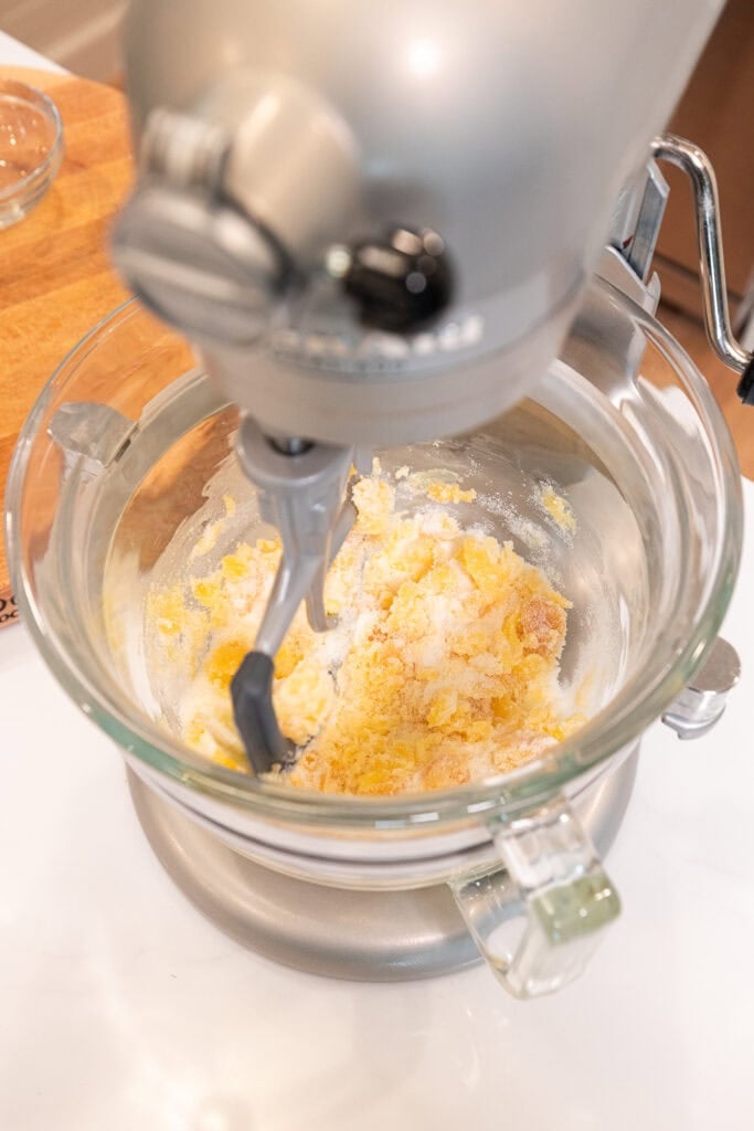 Browned butter and sugar get creamed together in a stand mixer.