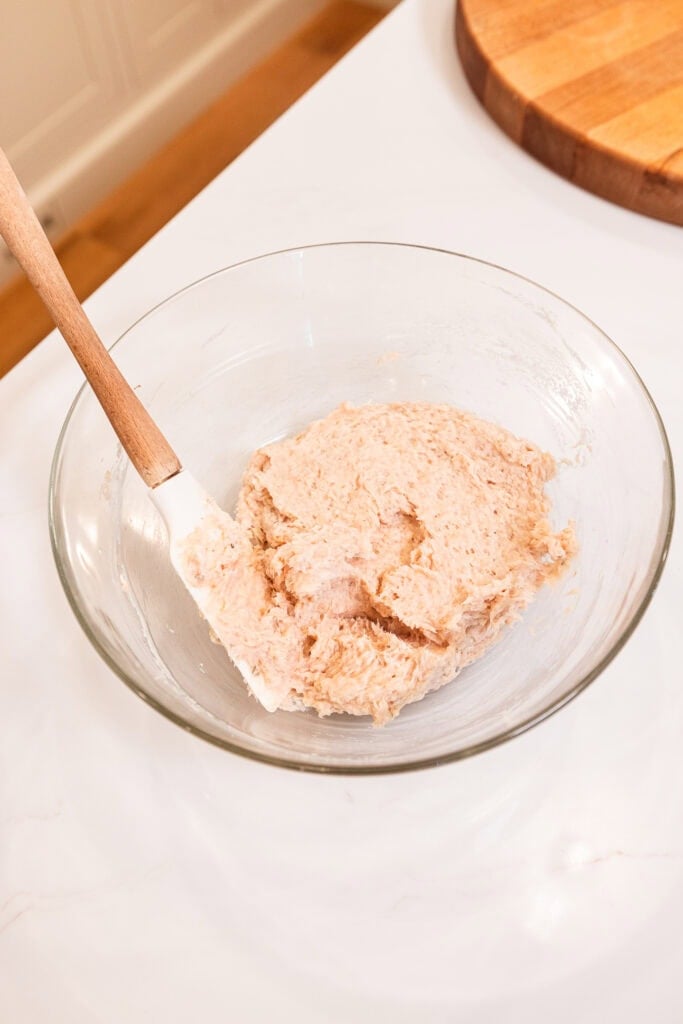Chicken meatball mixure in a bowl before baking.