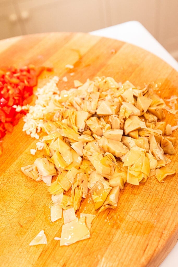Artichoke hearts after being chopped.