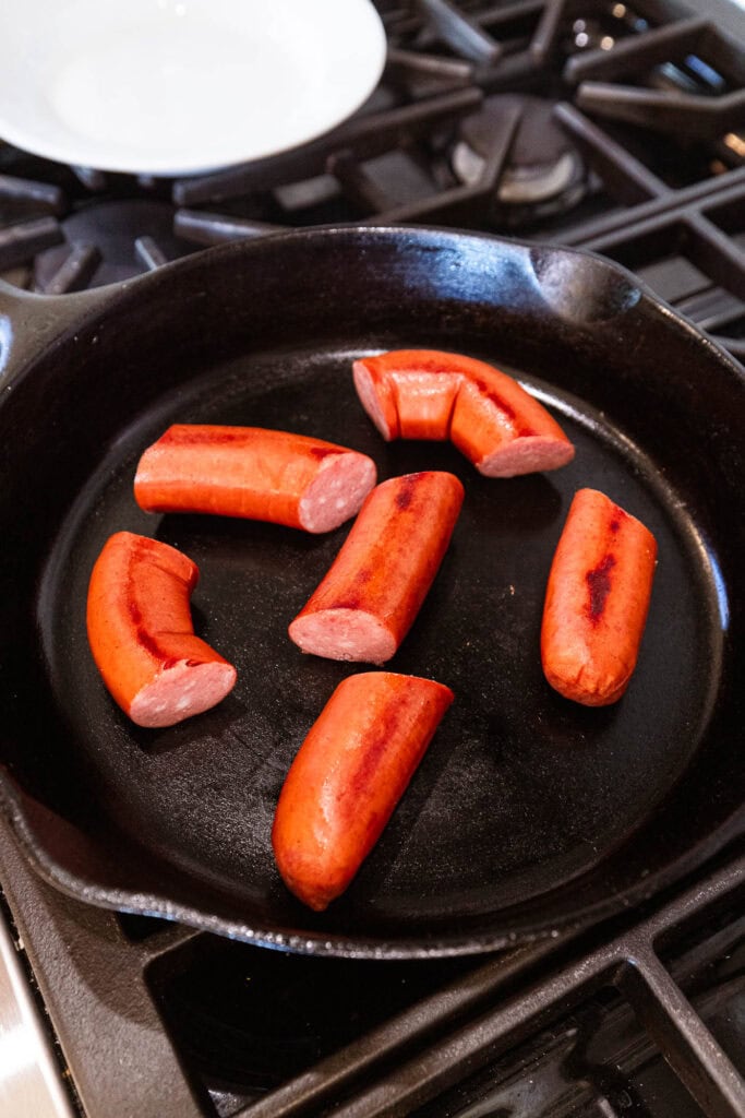 Kielbasa after browning in a skillet.