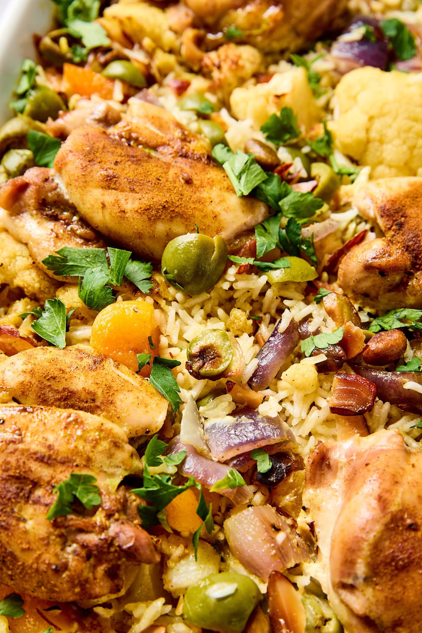 Chicken rice pilaf in a baking dish.