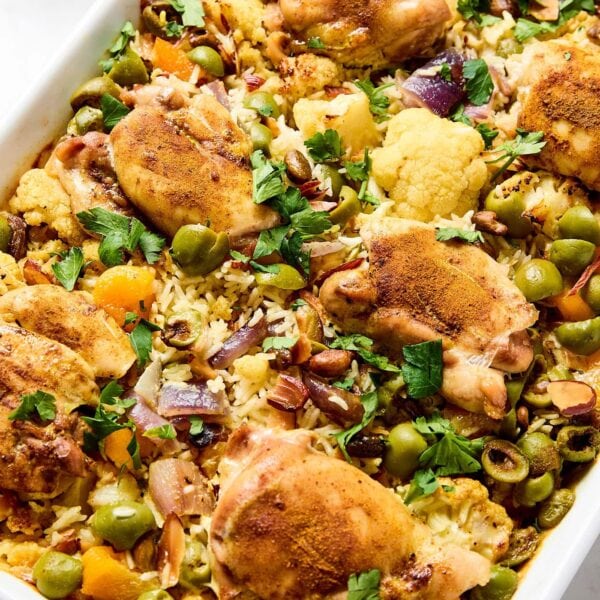 A baking dish full of chicken rice pilaf.