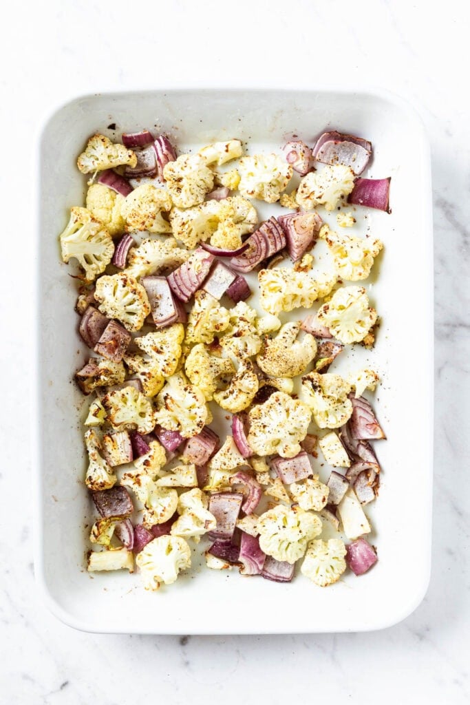 Cauliflower and red onion after par-baking.