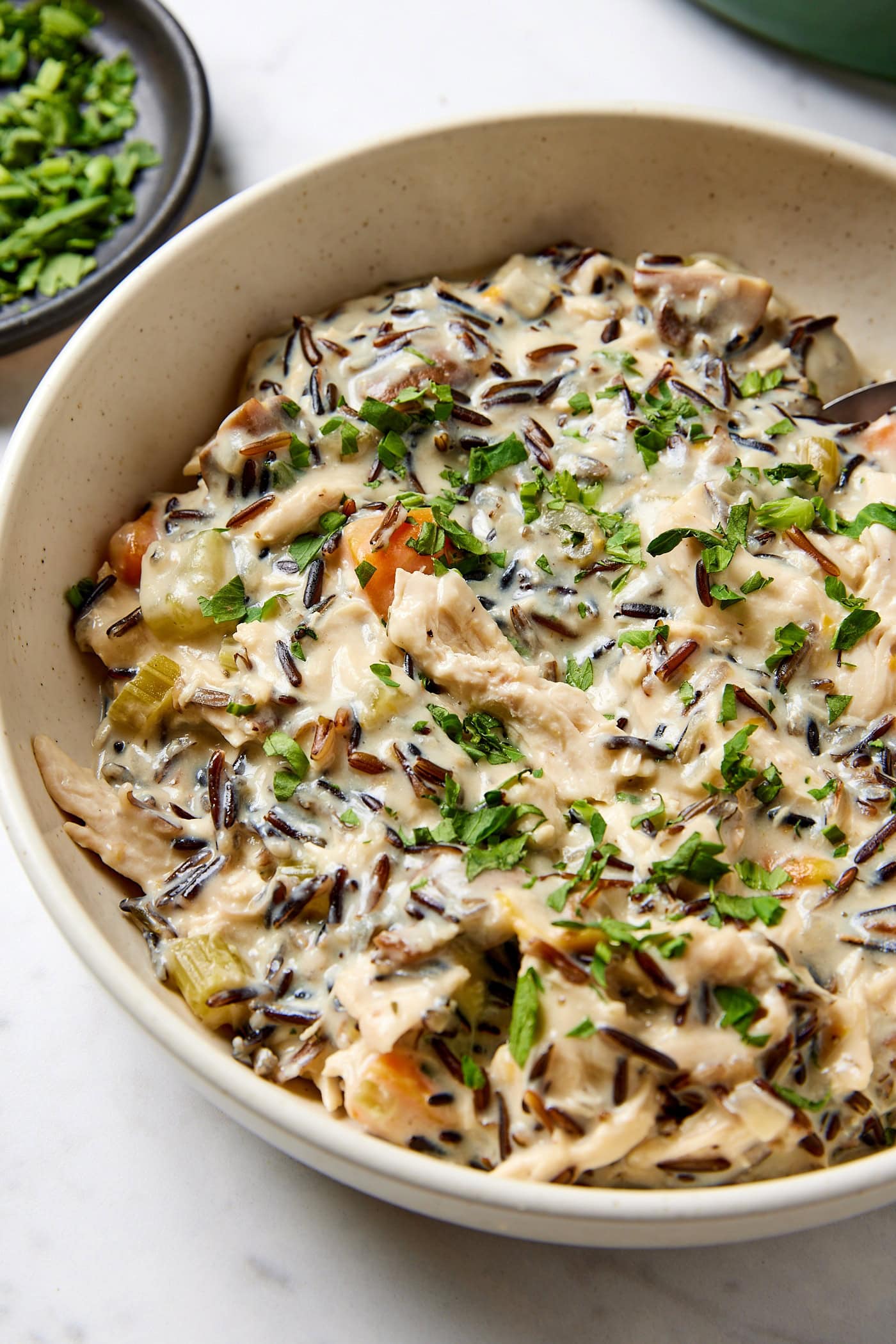 Chicken and wild rice soup in a bowl.