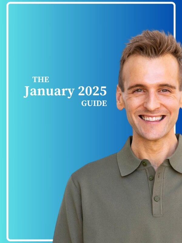 Kaleb Wyse standing in front of blue background with the words "The January 2025 Guide".