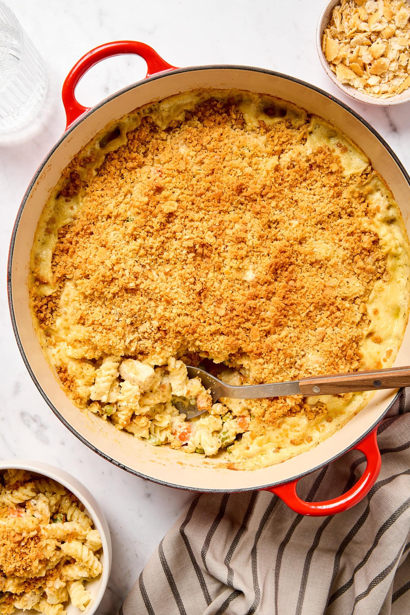 Chicken pot pie casserole in a pot.