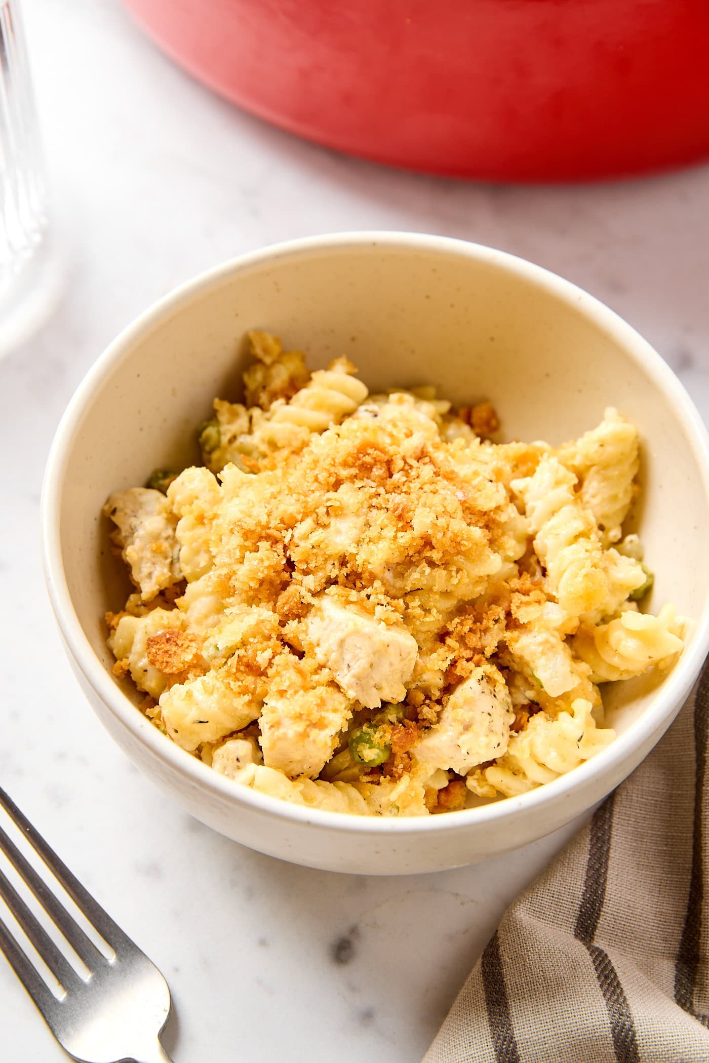 A bowl full of chicken pot pie casserole.