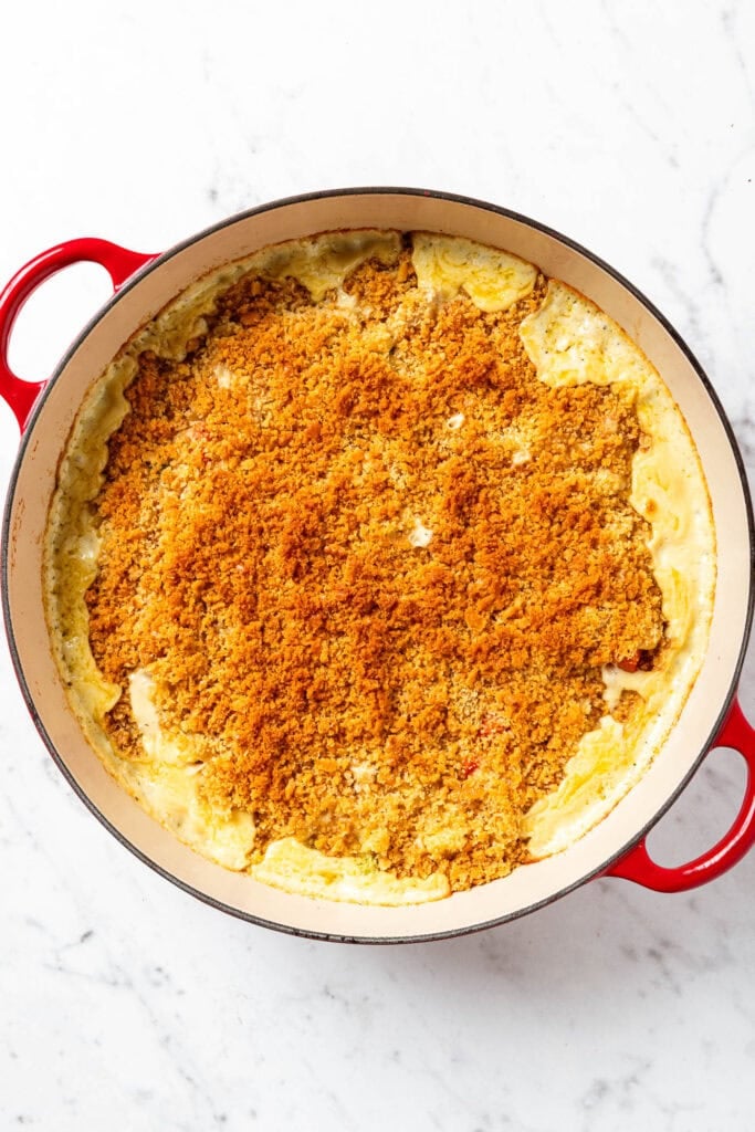 Browned cracker crumbs overtop chicken pot pie casserole.