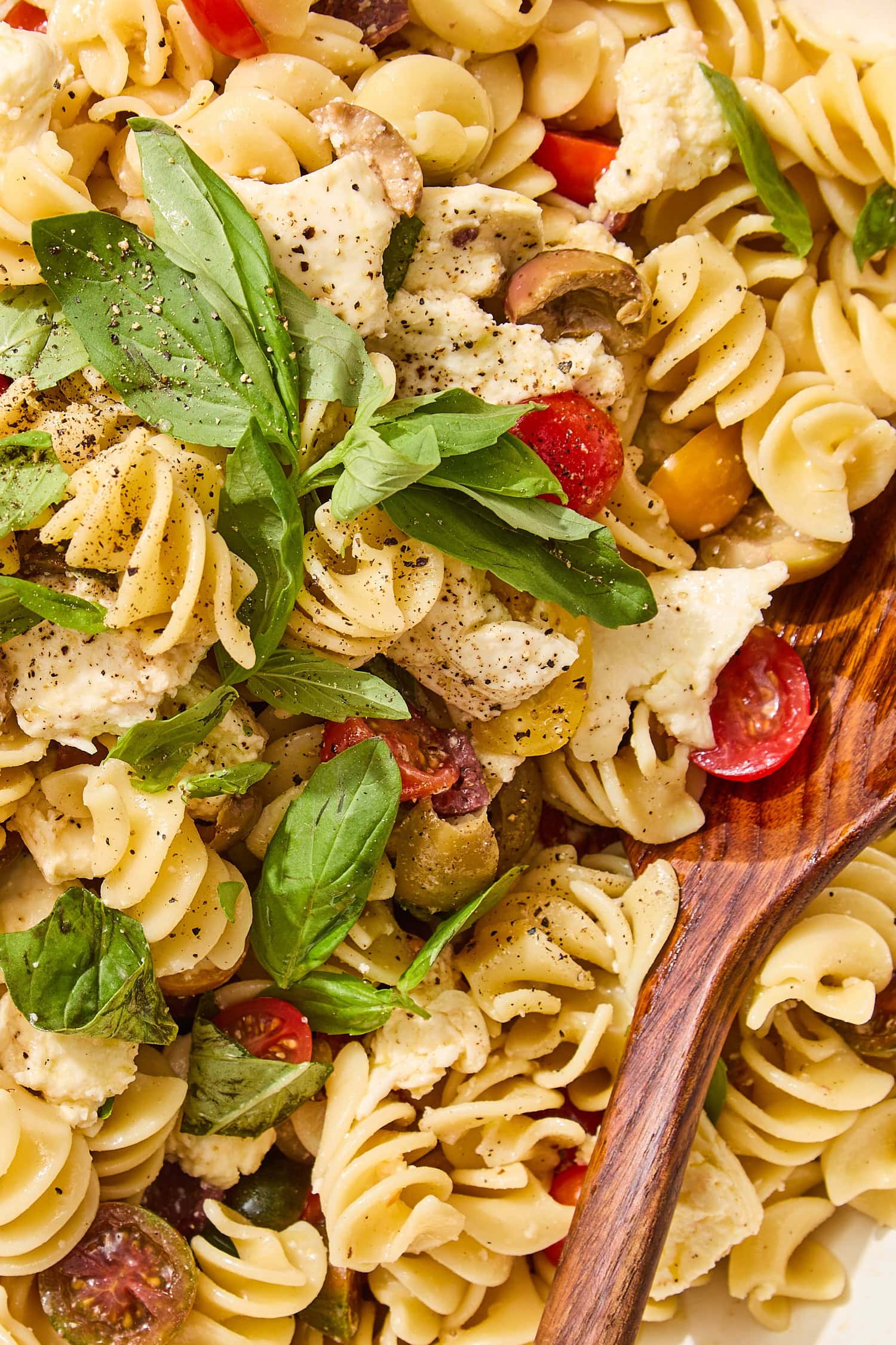 Pasta tossed with fresh basil, sliced cherry tomatoes, and mozzarella for a Caprese pasta salad.