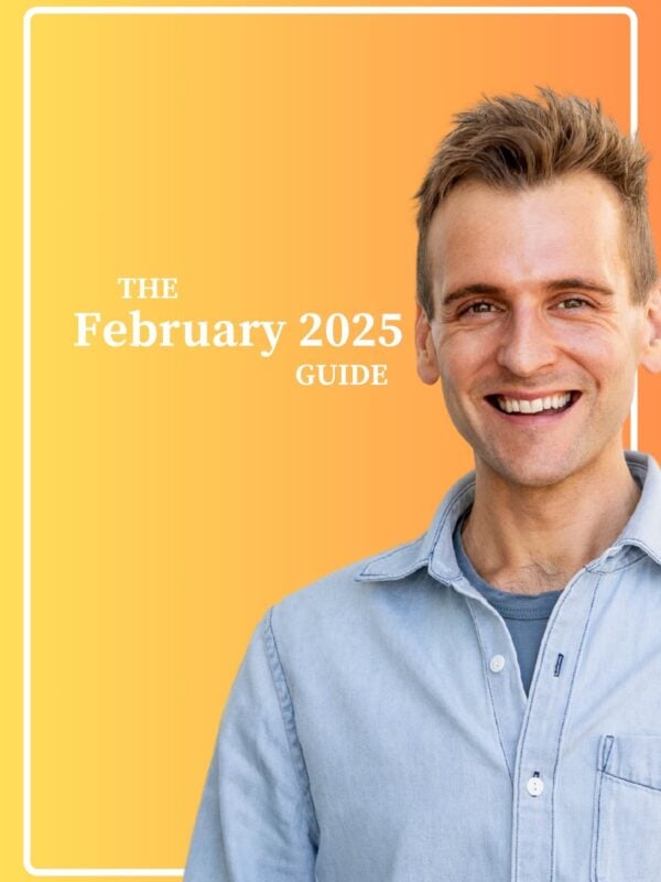 Kaleb Wyse standing in front of orange ombre background with the words "The February 2025 Guide".