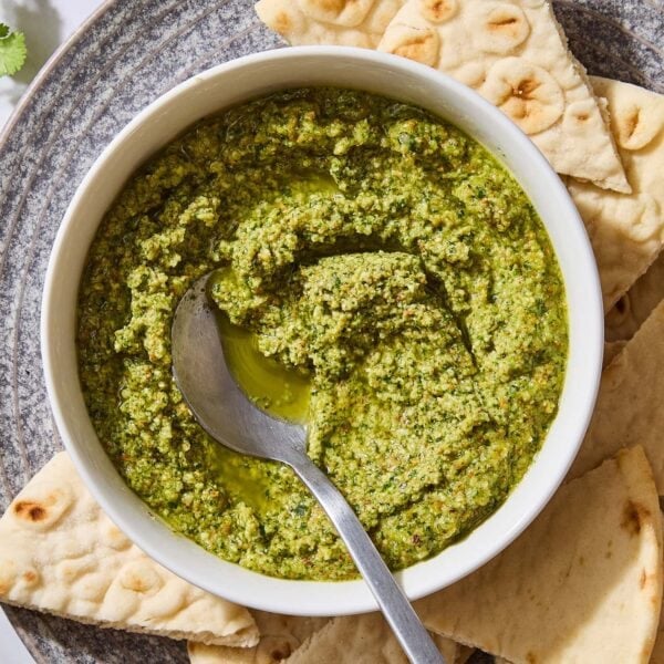 White bowl filled with swirled cilantro pesto with pita bread all around.
