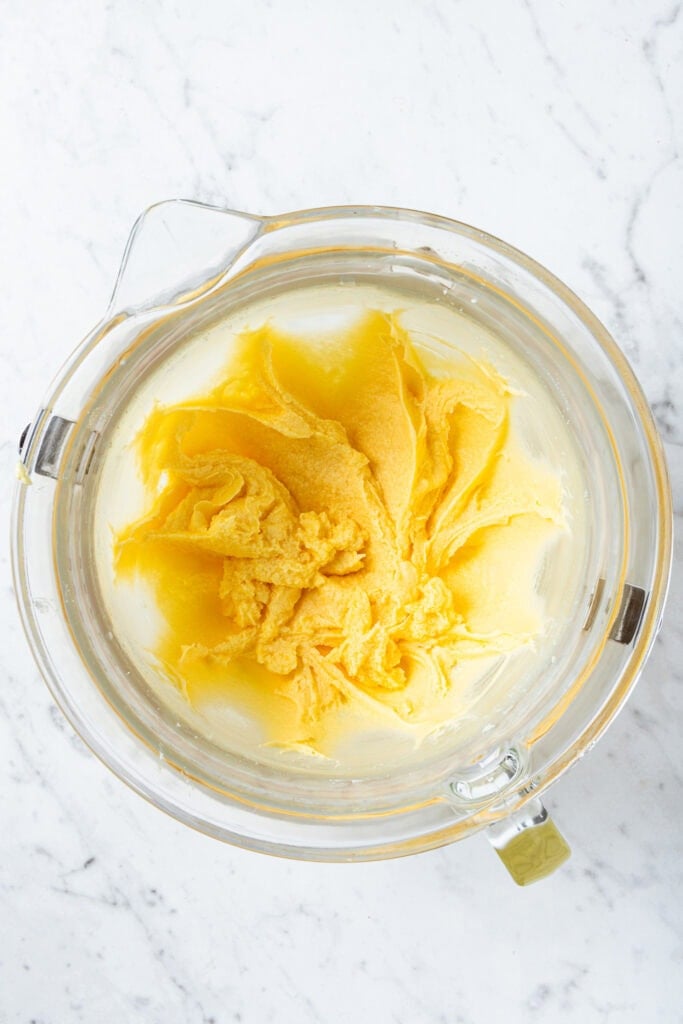 Butter and sugar in a mixing bowl after creaming.