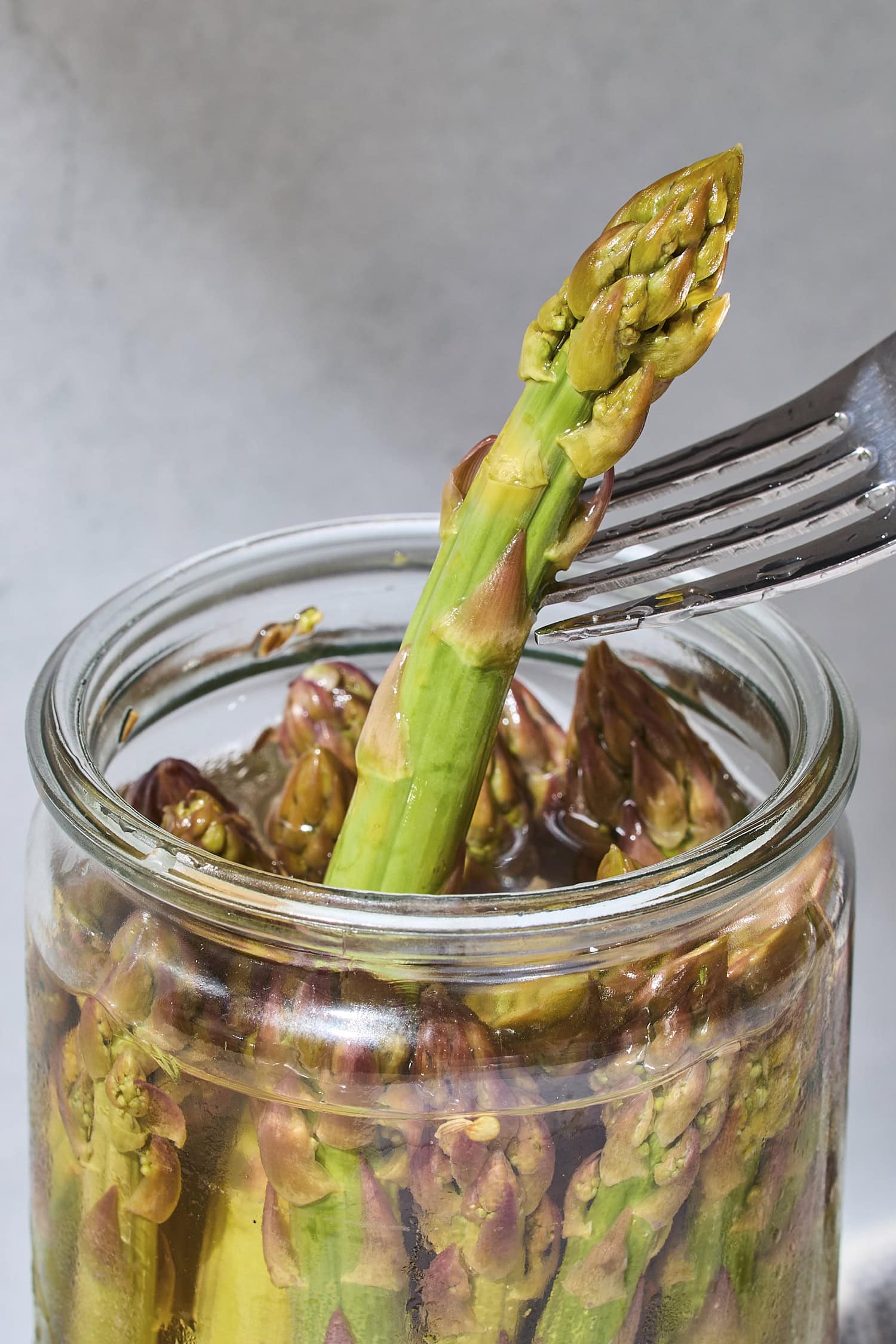 Fork holding spear of pickled asparagus from jar with bright vibrant green color.