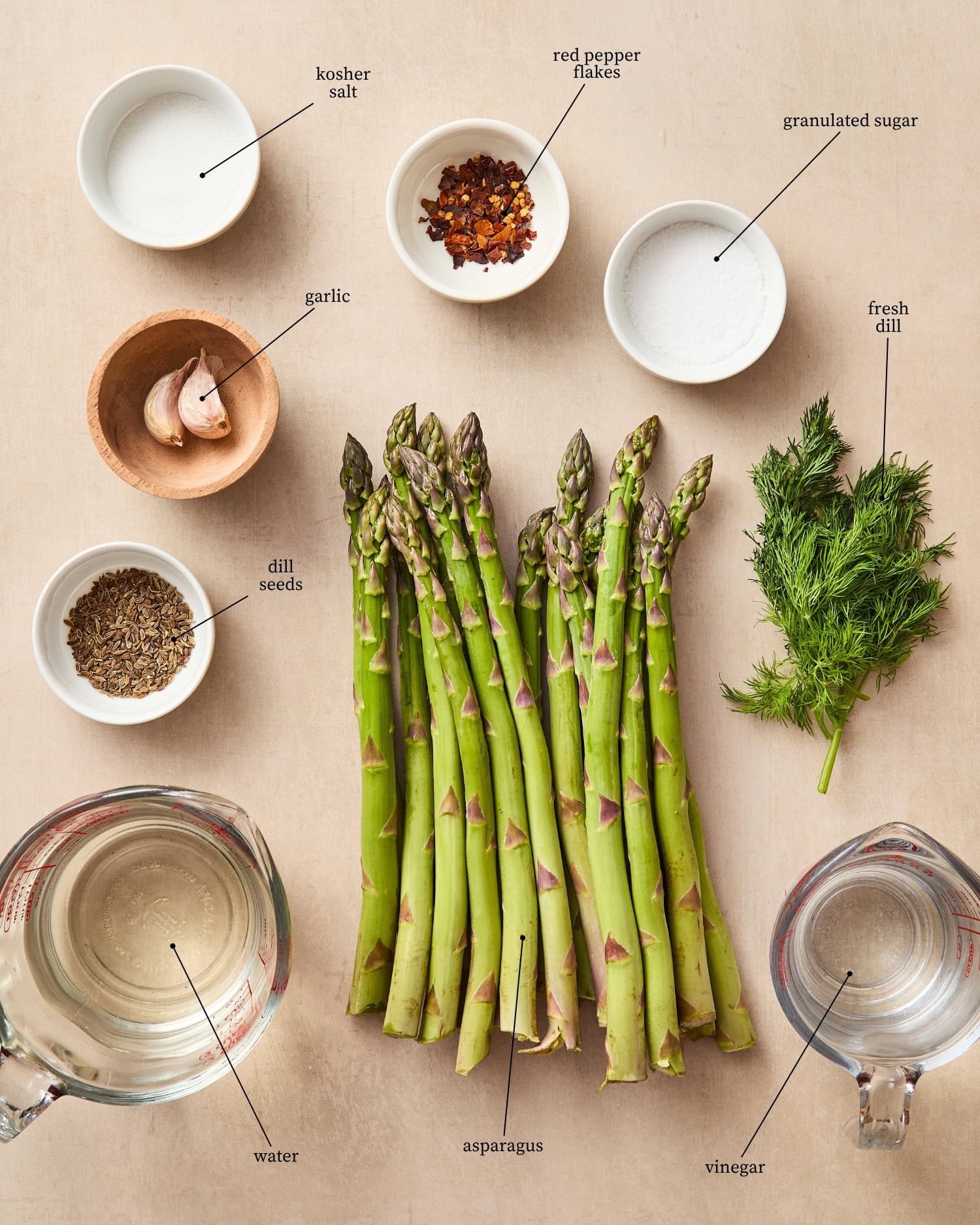 Surface filled with ingredients for quick pickled asparagus including asparagus, water, vinegar, and spices.