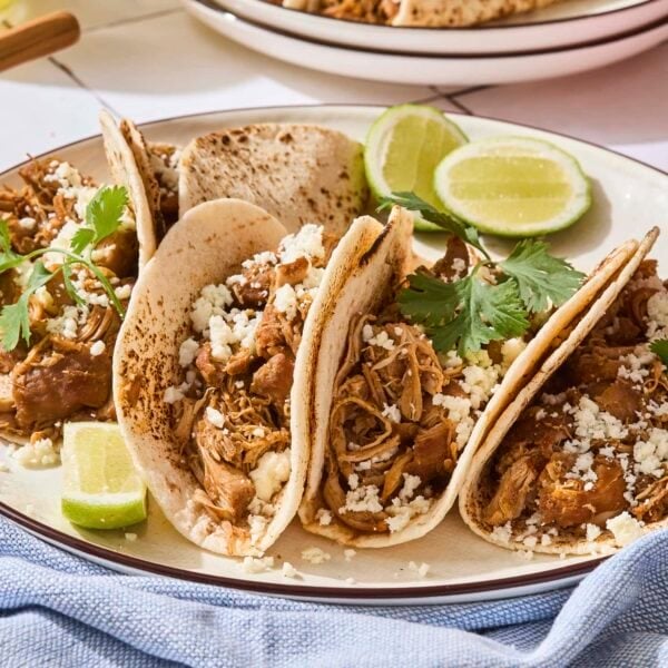 Four chicken tacos with cheese and cilantro on top sitting on a plate.