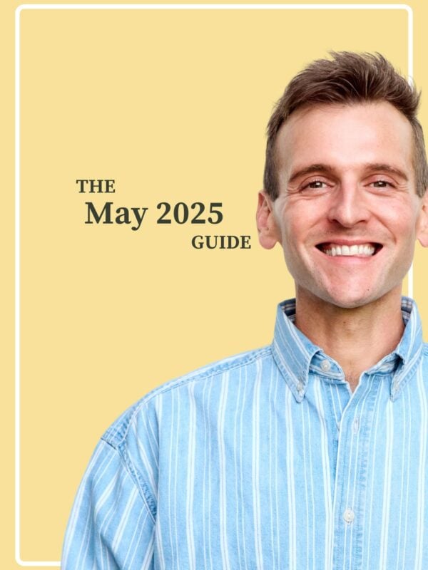 Kaleb Wyse wearing blue shirt standing in front of yellow background with the words "The May 2025 Guide".