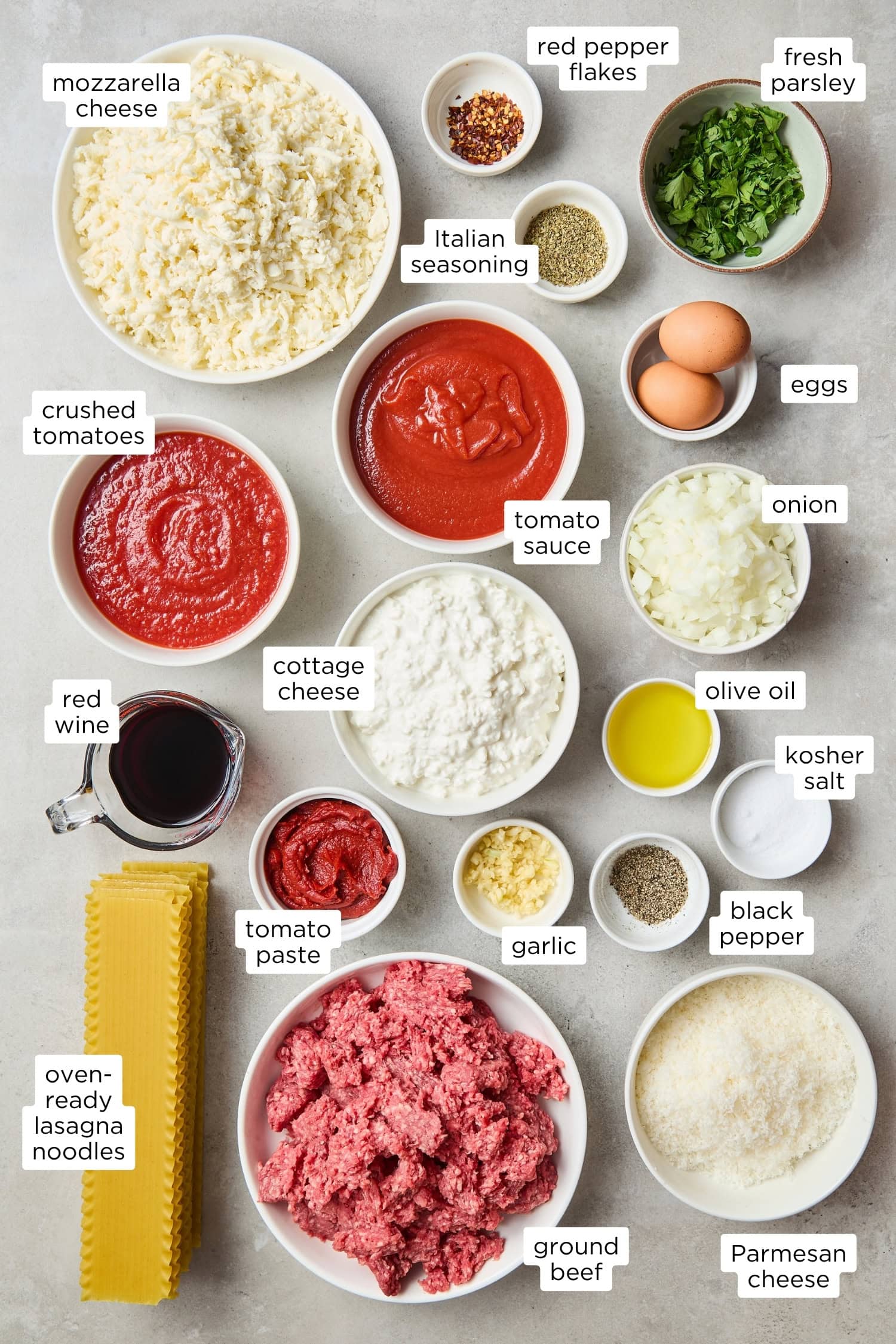 Ingredients needed for homemade lasagna recipe.